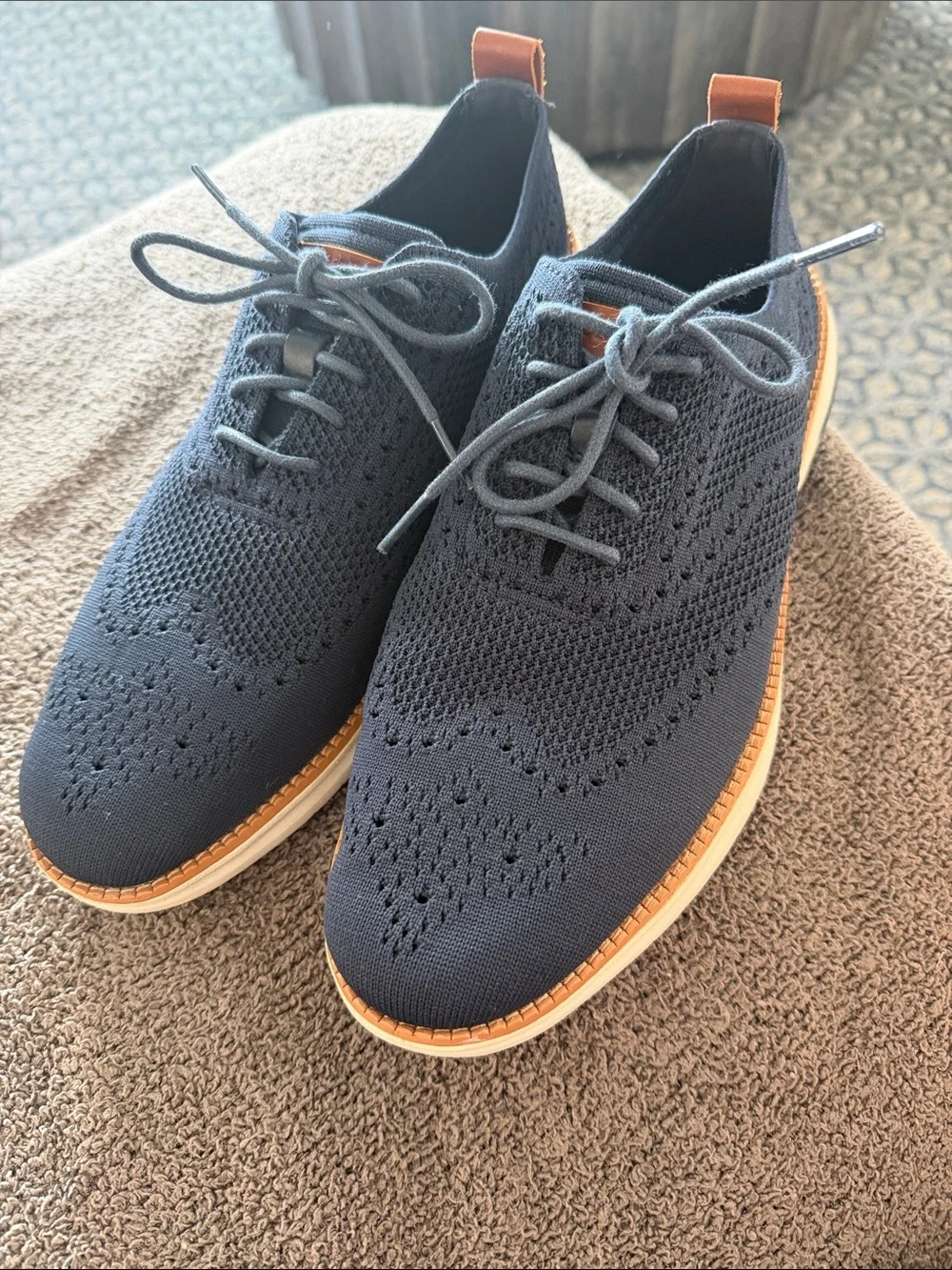Cole Haan Navy Knit Wingtip Derby with Tan Trim